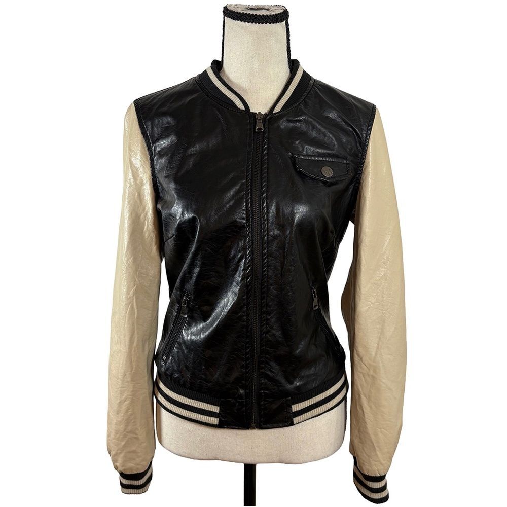 Ci Sono by Cavallini Faux Leather Varsity Bomber Jacket | Black & Cream